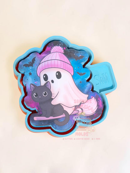 Ghost with Poof Hat and Black Cat on Broom - Cardstock Premium Silicone Mold